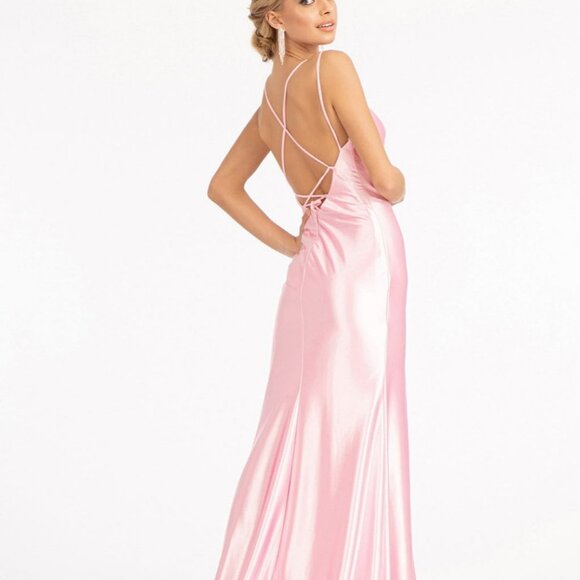 BLUSH PINK Straight Across Satin Mermaid Dress w/ Lace-up Back Slit DRESS GL3061 - Picture 4 of 5